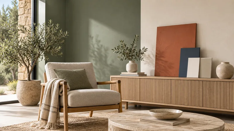 Mur vert sauge et échantillons terracotta, bleu et blanc dans un salon.