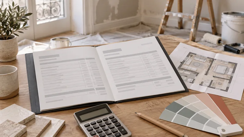 Dossier de devis, plan d’appartement et nuancier sur une table.