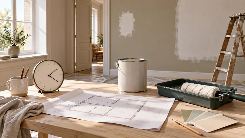 Horloge, plan et matériel de peinture dans une pièce en préparation.