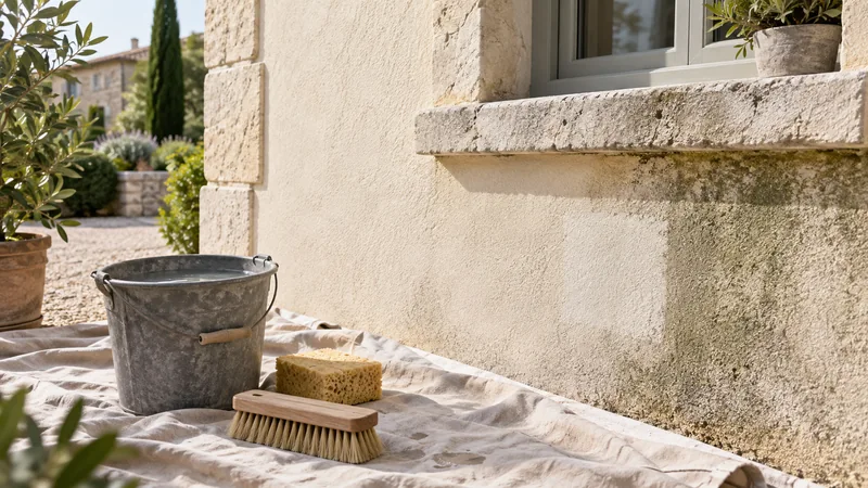 Façade partiellement nettoyée avec une brosse, une éponge et un seau.
