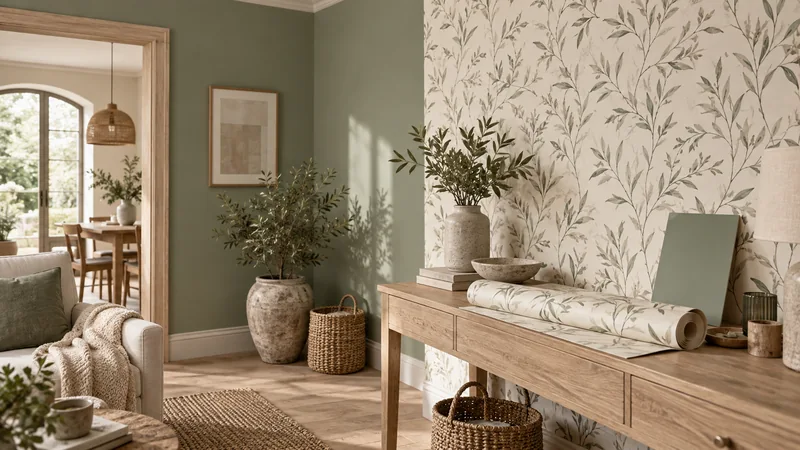 Mur peint vert sauge et papier peint à motif végétal dans une même pièce.