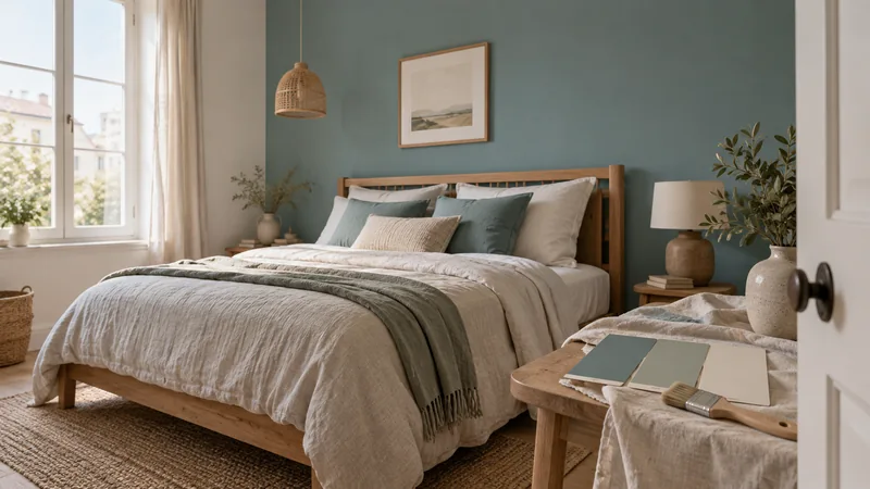 Chambre au mur bleu-vert mat, avec échantillons de couleur.