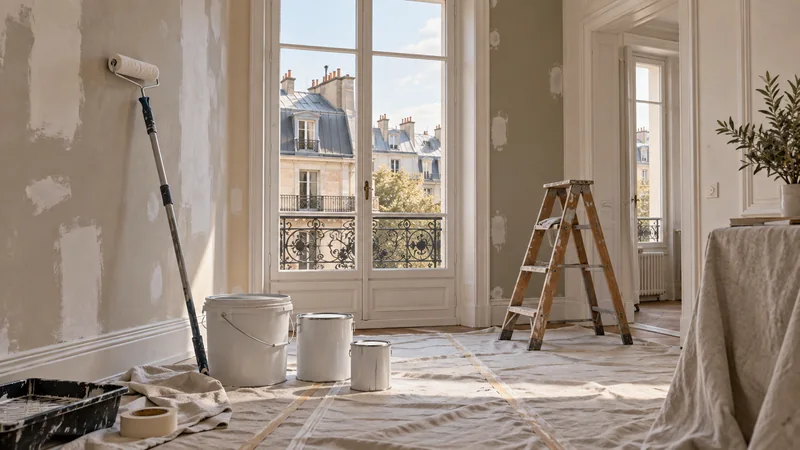 Appartement aux murs préparés, sol protégé et vue sur des toits parisiens.