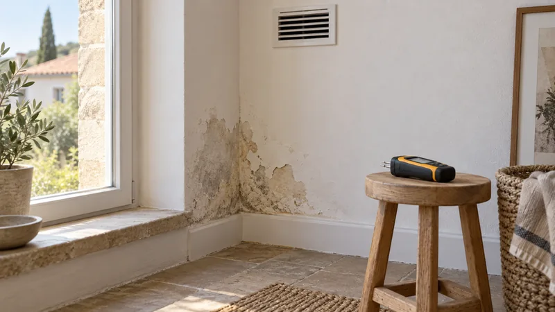 Traces d’humidité près d’une fenêtre, grille de ventilation et humidimètre.
