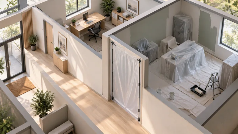 Un bureau protégé pour les travaux, séparé des autres espaces et du couloir.
