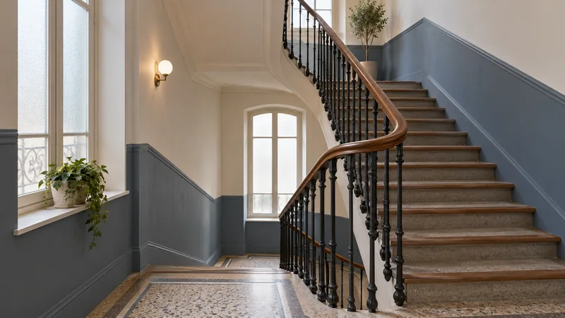 Cage d’escalier aux murs blancs et au soubassement bleu-gris.