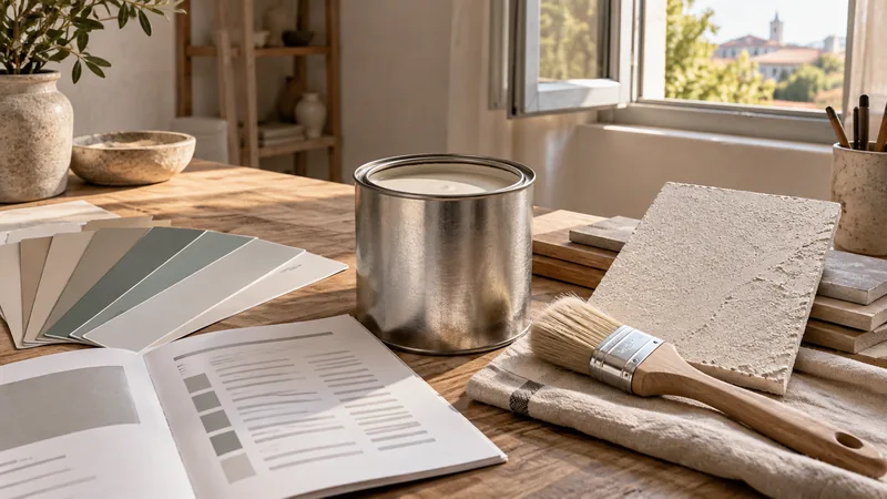 Pot de peinture, échantillon minéral et documentation près d’une fenêtre ouverte.