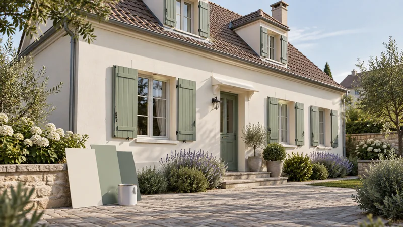 Maison aux murs clairs et volets verts, avec échantillons de couleur.
