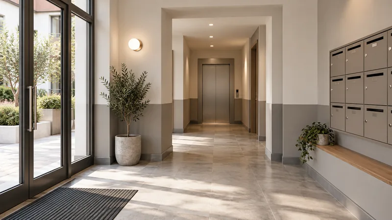 Hall d’immeuble, boîtes aux lettres et couloir aux murs bicolores.