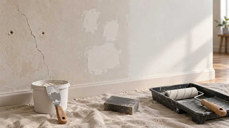 Défauts du mur, zones rebouchées et surface préparée, avec les outils de préparation.