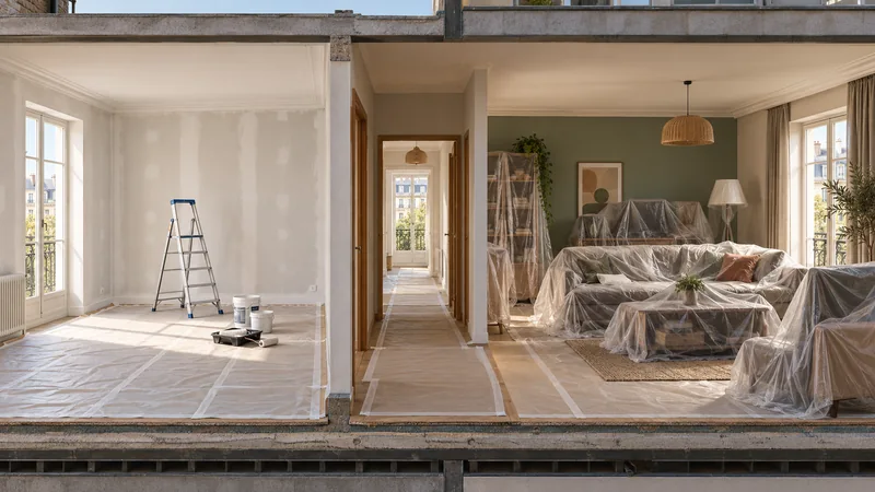 Pièce vide et pièce meublée protégées pour un chantier de peinture.