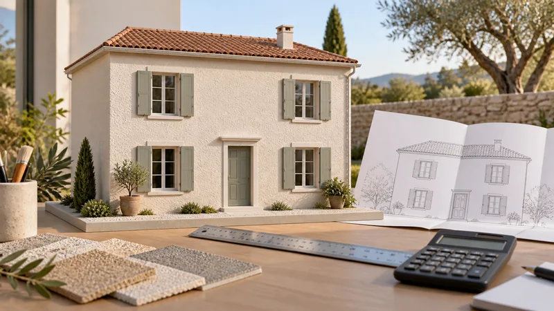 Maquette de façade, plan, règle et calculatrice pour préparer un chiffrage.