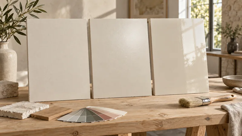 Trois panneaux de peinture présentant des finitions mate, satinée et brillante.