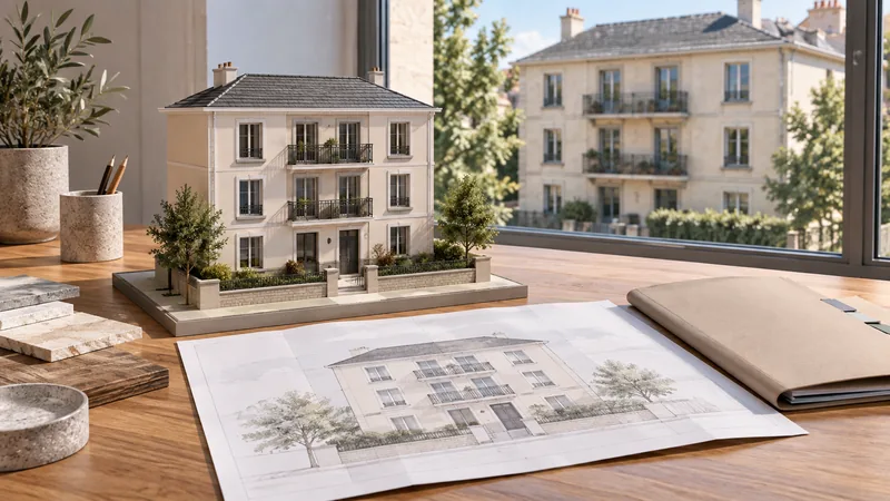 Maquette d’immeuble, dessin de façade et dossier de travaux.