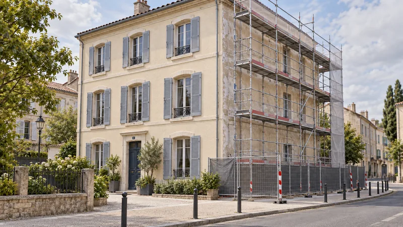 Façade d’un immeuble avec échafaudage et zone de travaux délimitée.