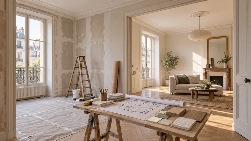 Appartement en cours de rénovation avec plan et matériaux sur une table.