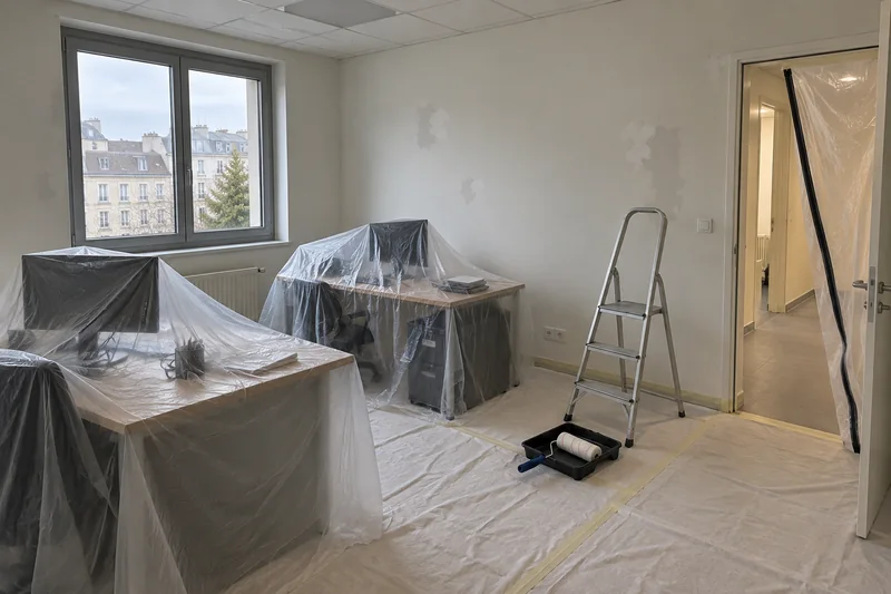 Bureaux protégés pour les travaux de peinture, vus à hauteur d’homme