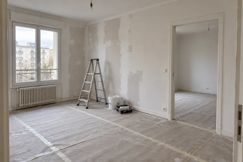 Un appartement en rénovation avec murs en préparation et sol protégé