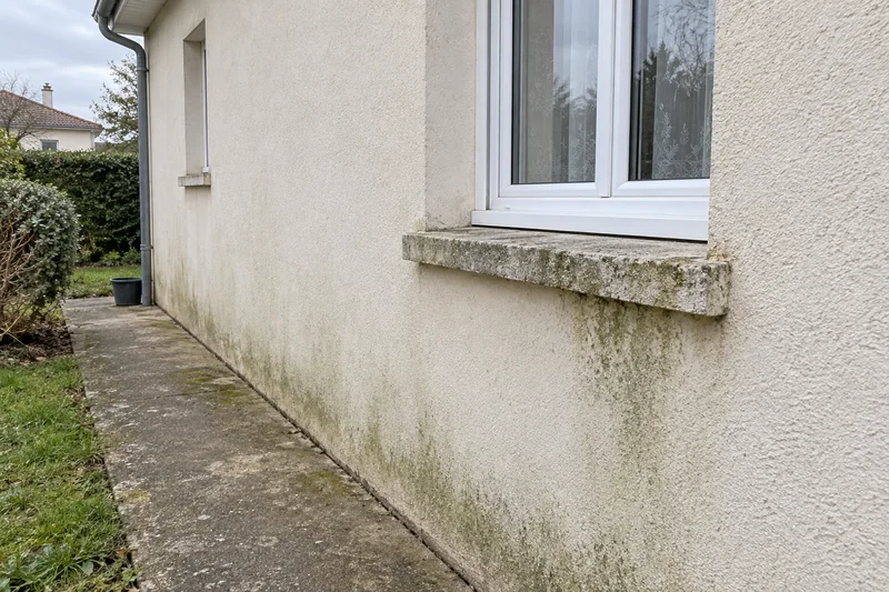 Une façade présentant des traces verdâtres sous une fenêtre et en pied de mur