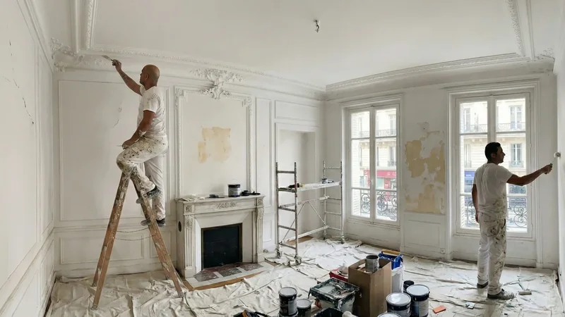 Préparation des murs et des moulures, avec protection du parquet dans un appartement à Paris 19e